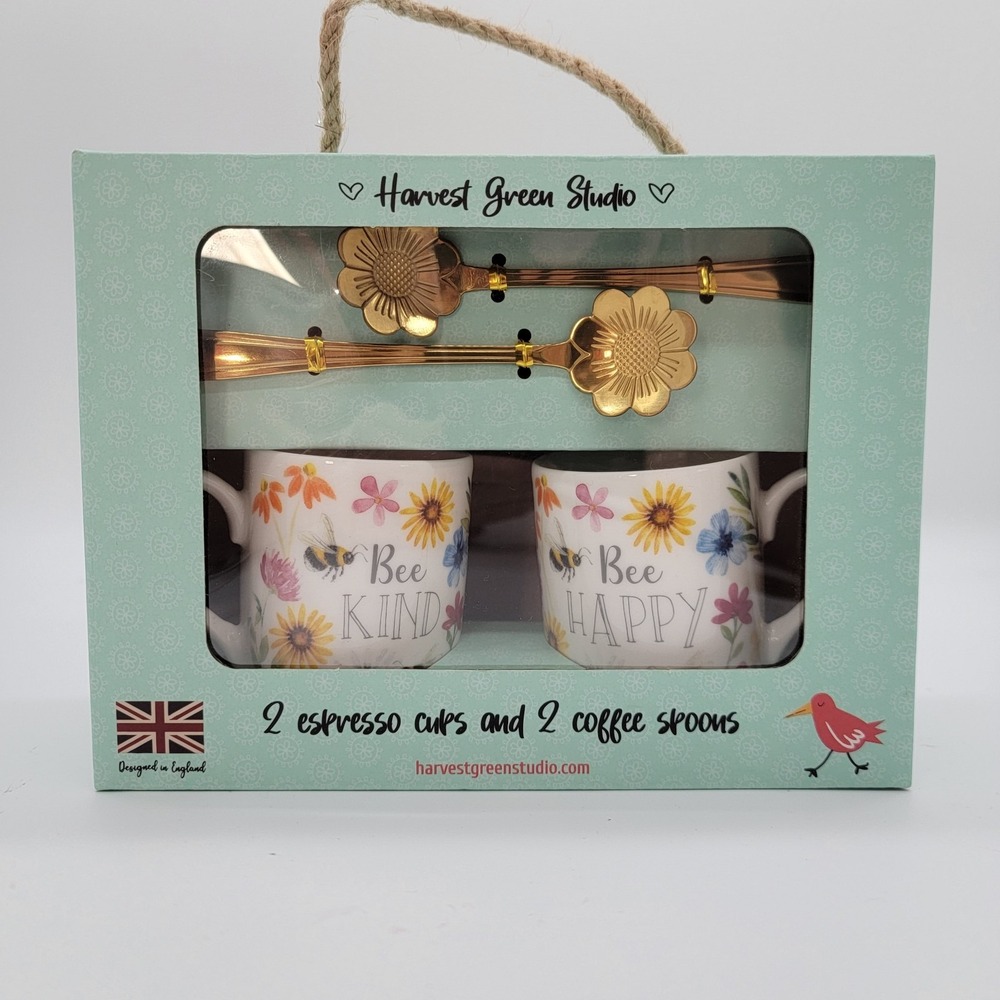 Harvest Green Studio 2 Mugs & 2 Coffee Spoons Gift Set British Design Floral Bee